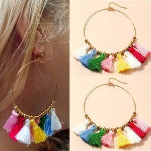 Multi-color tassel hoop earrings